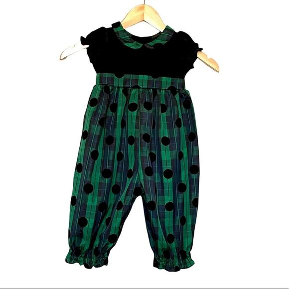 BlueBeri Boulevard 2T green black velour plaid snap short sleeve jumpsuit romper - Picture 1 of 11